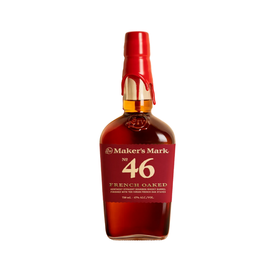 Maker’s 46 Bourbon Whisky bottle featuring red wax seal, premium Kentucky straight bourbon finished with French oak staves