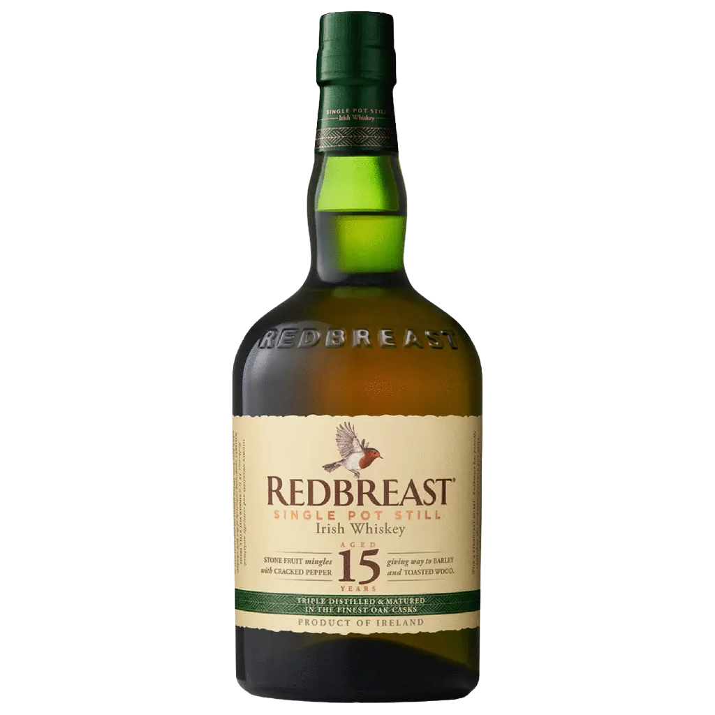 Redbreast 15 Year Old Irish Whiskey 750ML bottle with green glass, cream label, and red capsule top
