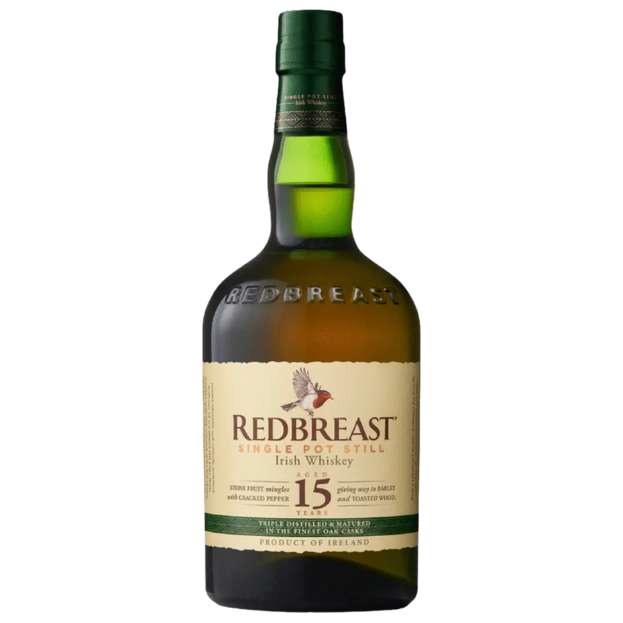 Redbreast 15 Year Old Irish Whiskey 750ML bottle with green glass, cream label, and red capsule top