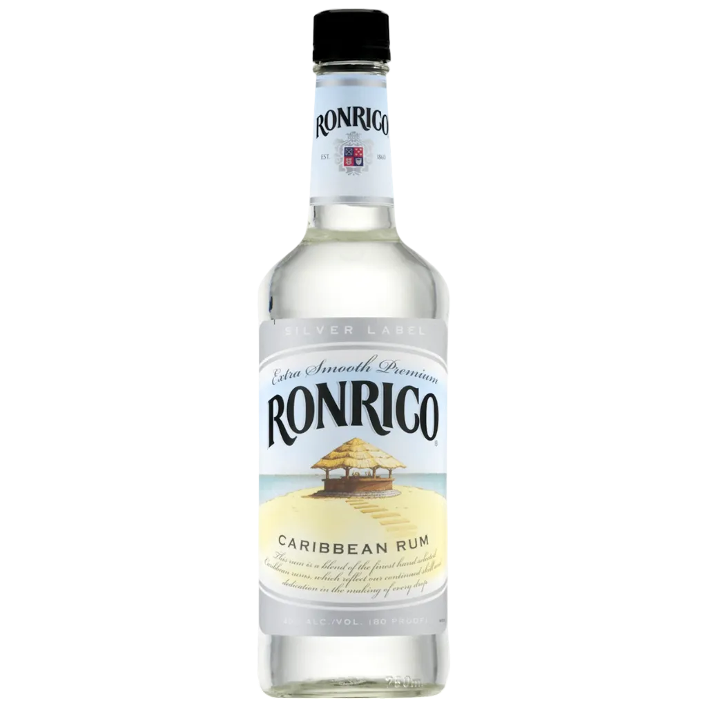 Ron Rico Silver Label 750 ML white rum bottle with clear glass and silver label