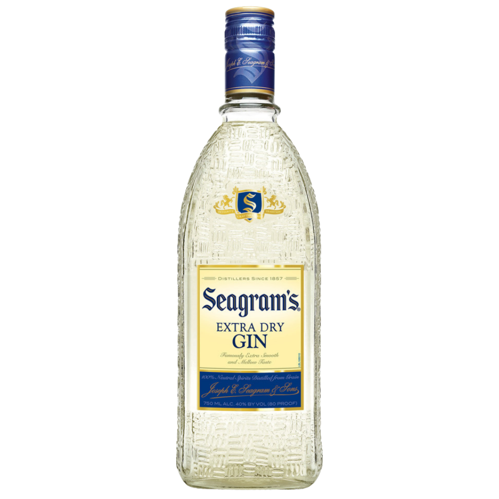 Seagrams Extra Dry Gin 750 ML clear glass bottle with white label and black cap