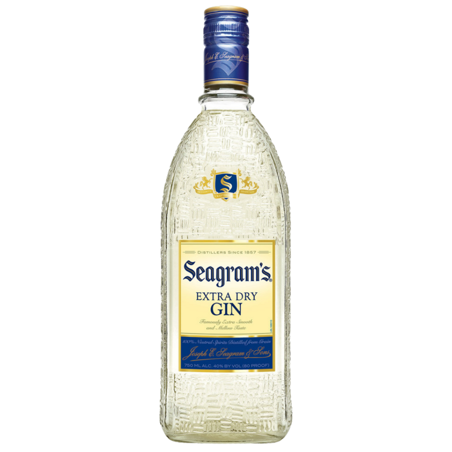 Seagrams Extra Dry Gin 750 ML clear glass bottle with white label and black cap