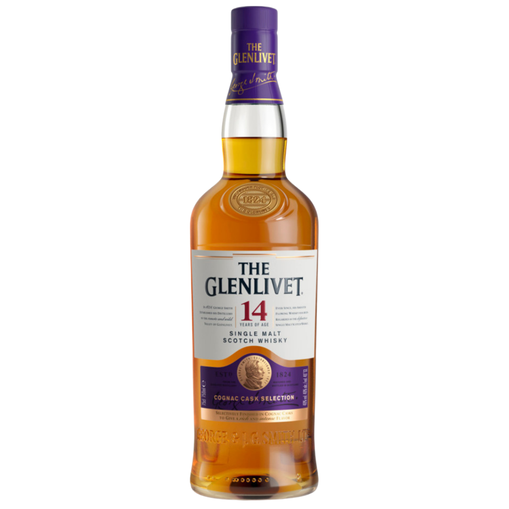 The Glenlivet 14 Year Old Single Malt Scotch Whisky 750ML bottle finished in cognac casks with premium Speyside label.