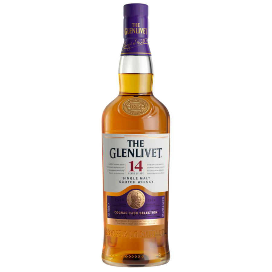 The Glenlivet 14 Year Old Single Malt Scotch Whisky 750ML bottle finished in cognac casks with premium Speyside label.