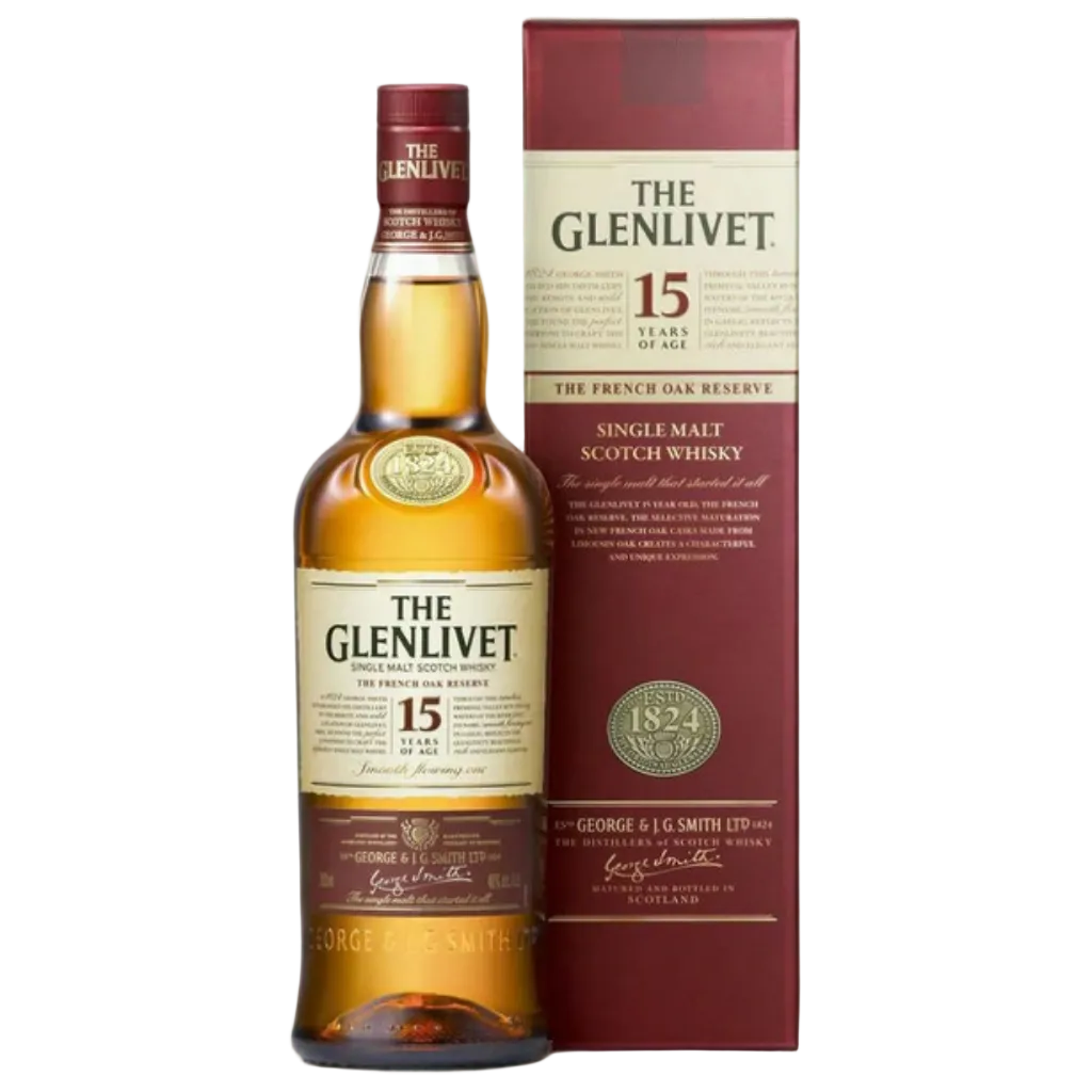 The Glenlivet French Oak Reserve Single Malt Scotch Whisky 750ML bottle with golden amber whisky in glass.