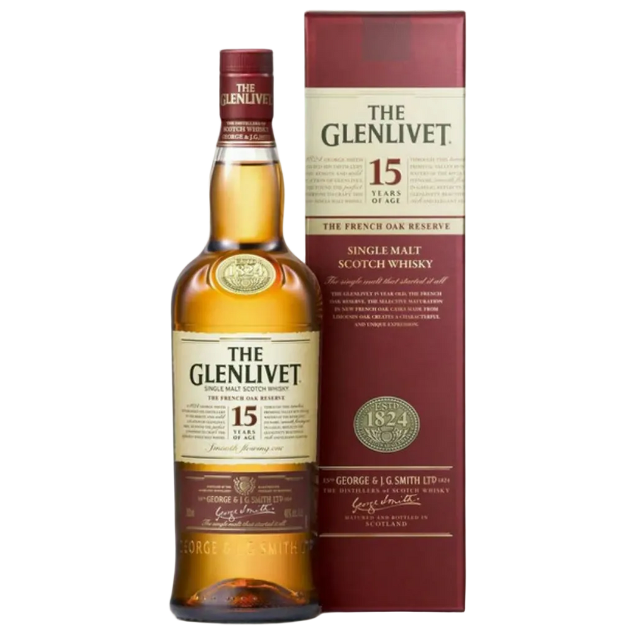 The Glenlivet French Oak Reserve Single Malt Scotch Whisky 750ML bottle with golden amber whisky in glass.